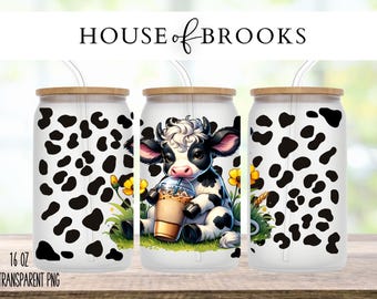 Cow Pattern Libbey Glass Wrap, 16 oz Can Sublimation Design (PNG)