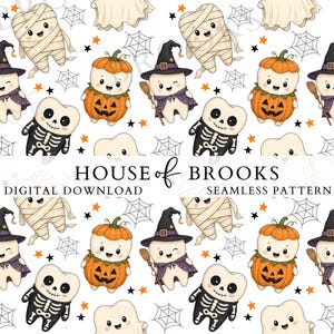 May include: A seamless pattern featuring cartoon teeth dressed as Halloween characters including mummies, pumpkins, skeletons, witches, and ghosts, interspersed with spider webs and stars on a white background with House of Brooks text.