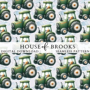 May include: A seamless pattern featuring green tractors with brown wheels on a light blue background with white clouds. The text "HOUSE of BROOKS" and "DIGITAL DOWNLOAD" and "SEAMLESS PATTERN" are included in the design.