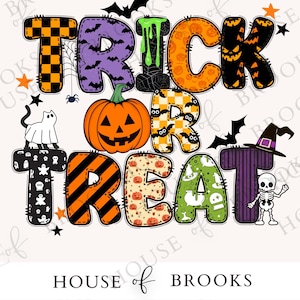 May include: A vibrant Halloween design featuring the phrase "TRICK OR TREAT". The letters are decorated with patterns, pumpkins, bats, and a skeleton. A fun and festive image for the spooky season.