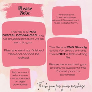 Pu&ograve; includere: Grafica di download digitale rosa e bianca con il testo "Nota bene:" e informazioni sul tipo di file, l'utilizzo e i resi. Il testo dice "Questo file &egrave; un DOWNLOAD DIGITALE PNG. Non verr&agrave; spedito alcun prodotto fisico. I file vengono inviati come sono e non possono essere modificati. Resi e rimborsi non sono accettati per i download digitali. Questo file &egrave; un file PNG e serve per la stampa diretta. NON &egrave; un file di taglio SVG. Assicurati che i tuoi programmi supportino il formato PNG prima di acquistare. Grazie per l'acquisto."