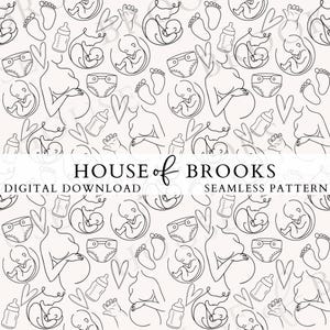 K&ouml;nnte beinhalten: Schwarzwei&szlig;es nahtloses Muster mit einer schwangeren Frau, einem Baby, einer Flasche, einer Windel, einem Herzen und Fu&szlig;abdr&uuml;cken. Der Text "HOUSE of BROOKS", "DIGITAL DOWNLOAD" und "SEAMLESS PATTERN" ist im Bild enthalten.