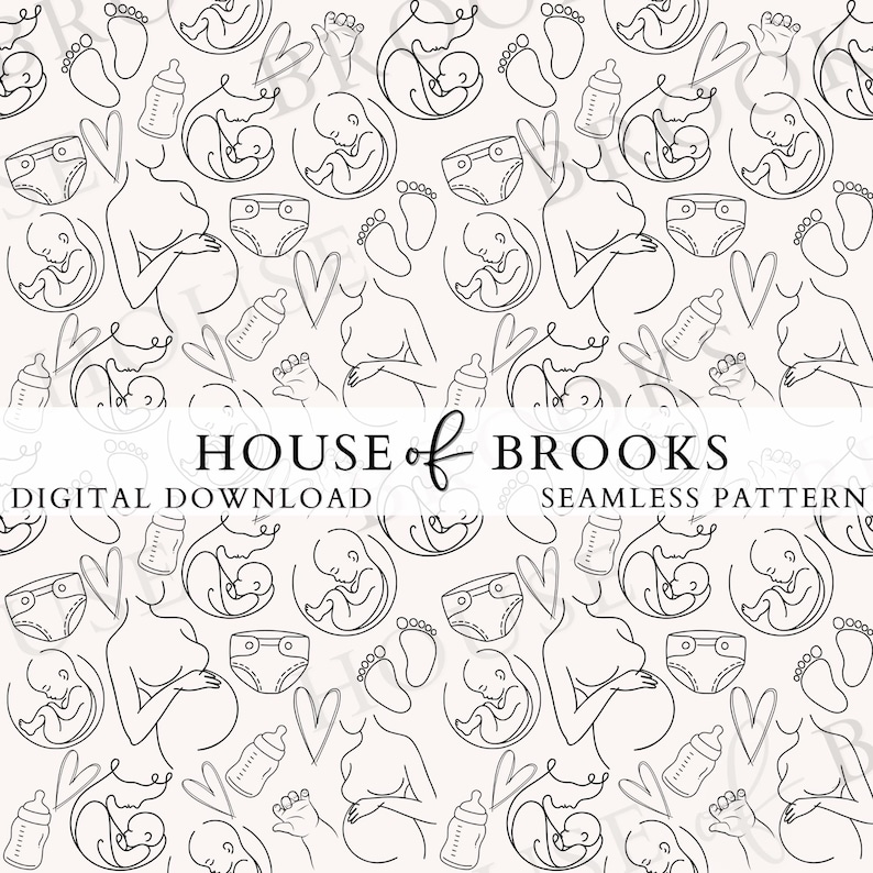 K&ouml;nnte beinhalten: Schwarzwei&szlig;es nahtloses Muster mit einer schwangeren Frau, einem Baby, einer Flasche, einer Windel, einem Herzen und Fu&szlig;abdr&uuml;cken. Der Text "HOUSE of BROOKS", "DIGITAL DOWNLOAD" und "SEAMLESS PATTERN" ist im Bild enthalten.