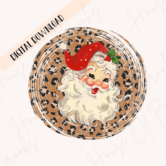 Leopard Vintage Santa Sublimation Design, Merry Christmas PNG, Holiday Digital Download