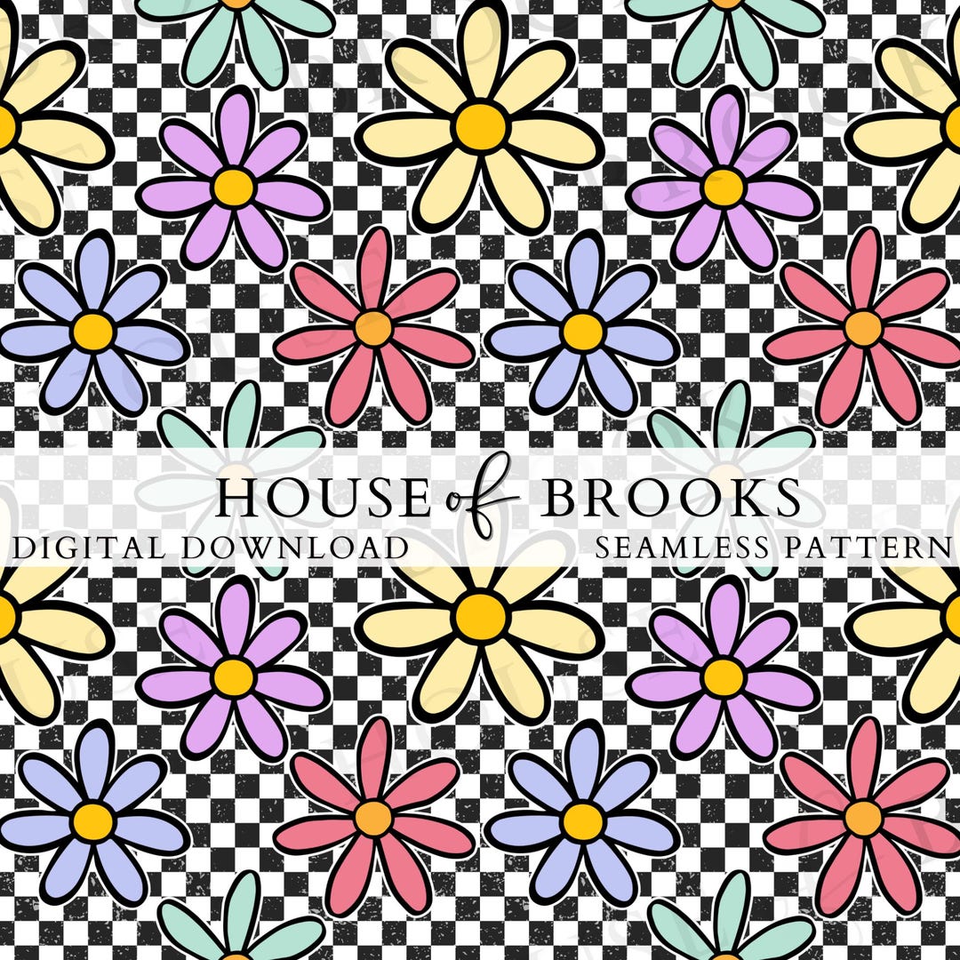 Retro Daisy Checkerboard Seamless Pattern, Groovy Flower Pattern ...