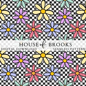 Könnte beinhalten: Ein nahtloses digitales Muster mit Gänseblümchen in Pastelltönen von Gelb, Rosa, Lila und Blau, auf einem schwarz-weiß karierten Hintergrund. Der Text "HOUSE of BROOKS" und "DIGITAL DOWNLOAD SEAMLESS PATTERN" sind ebenfalls sichtbar.