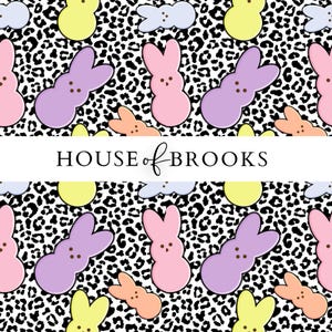 May include: A seamless pattern featuring pastel-coloured marshmallow peeps on a black and white leopard print background. The text "HOUSE of BROOKS" is centred at the bottom of the image.
