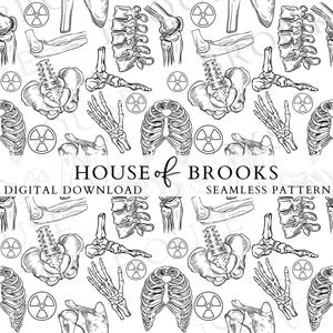 Könnte beinhalten: Ein nahtloses Schwarzweißmuster mit verschiedenen menschlichen Skelettknochen, darunter Rippen, Becken, Wirbelsäule, Arm und Hand. Das Muster wiederholt sich über das gesamte Bild und enthält ein stilisiertes Strahlungssymbol.