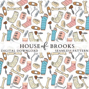 May include: A seamless pattern featuring a variety of medical illustrations, including broken bones, casts, bandages, and medical tools. The pattern is in a cartoon style and is set on a white background.