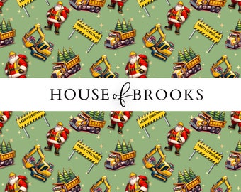 May include: A green background with a repeating pattern of Santa Claus characters wearing construction hats and holding Christmas trees. The pattern also includes yellow construction trucks, excavators, and signs that read "Merry Christmas".