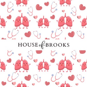 May include: A white background with a repeating pattern of pink hearts, cartoon lungs with smiling faces, and blue stethoscopes. The text "HOUSE of BROOKS" is centered at the top of the image.