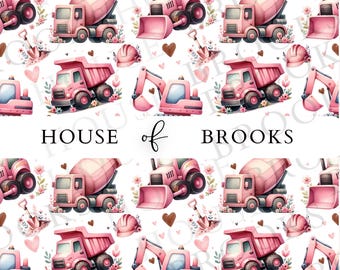 Girl Construction Seamless Pattern PNG, Pink Truck Seamless, Digger Excavator Pattern, Kids Construction Fabric, Girl Builder Birthday PNG