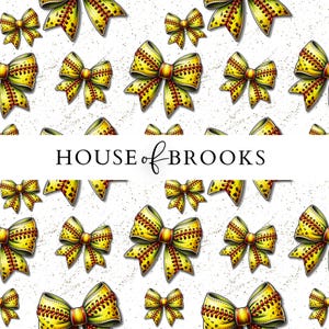 May include: A seamless pattern featuring yellow and red softball bows with the text "HOUSE of BROOKS" in the centre.