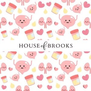 Könnte beinhalten: Ein weißer Hintergrund mit einem sich wiederholenden Muster aus rosa Nieren, rosa Herzen, gelben Tropfen und rosa Urinprobenbehältern. Der Text "HOUSE of BROOKS" ist oben in der Mitte des Bildes platziert.