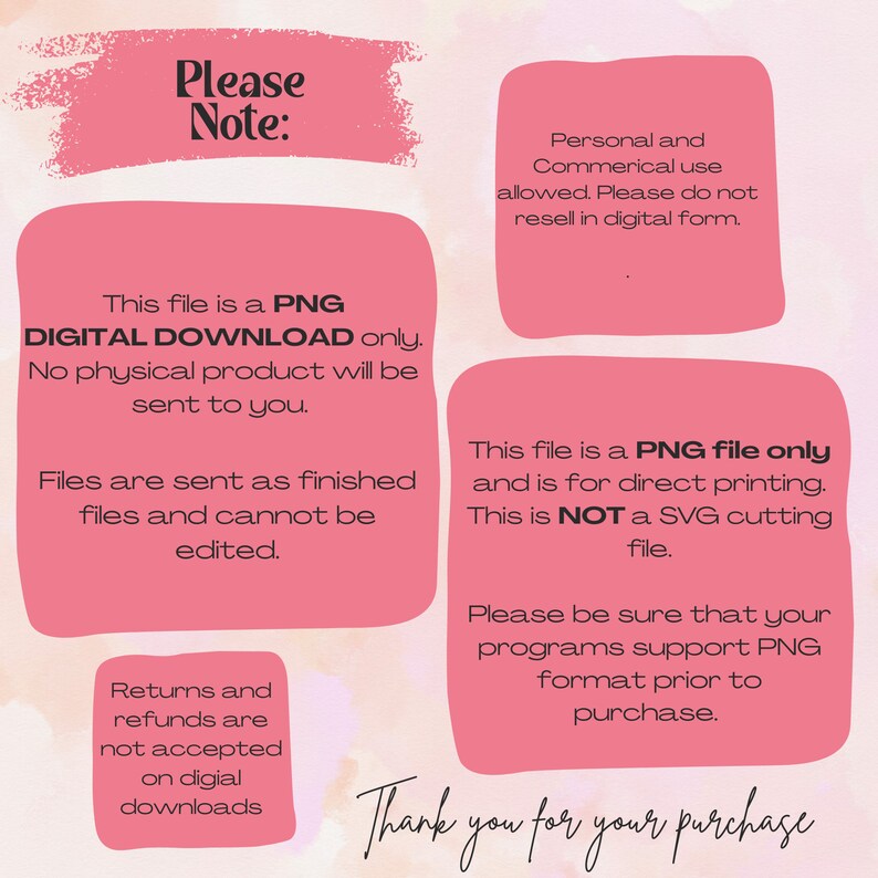 Pode incluir: Gr&aacute;fico de download digital rosa e branco com o texto "Por favor, note:" e informa&ccedil;&otilde;es sobre o tipo de arquivo, o uso e as devolu&ccedil;&otilde;es. O texto diz "Este arquivo &eacute; um DOWNLOAD DIGITAL PNG apenas. Nenhum produto f&iacute;sico ser&aacute; enviado. Os arquivos s&atilde;o enviados como est&atilde;o e n&atilde;o podem ser editados. Devolu&ccedil;&otilde;es e reembolsos n&atilde;o s&atilde;o aceitos para downloads digitais. Este arquivo &eacute; um arquivo PNG apenas e &eacute; para impress&atilde;o direta. N&Atilde;O &eacute; um arquivo de corte SVG. Certifique-se de que seus programas suportam o formato PNG antes de comprar. Obrigado pela sua compra."