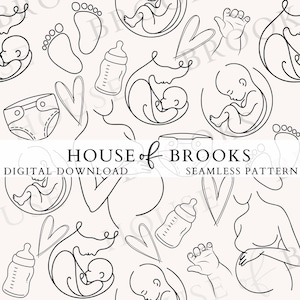 K&ouml;nnte beinhalten: Ein nahtloses Schwarzwei&szlig;muster mit Illustrationen einer schwangeren Person, eines Babys im Mutterleib, einer Babyflasche, einer Windel, einem Herzen und Fu&szlig;abdr&uuml;cken. Der Text "HOUSE of BROOKS", "DIGITAL DOWNLOAD" und "SEAMLESS PATTERN" ist ebenfalls im Design enthalten.