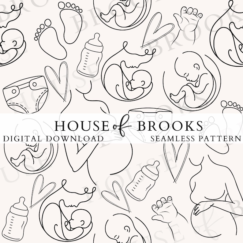 K&ouml;nnte beinhalten: Ein nahtloses Schwarzwei&szlig;muster mit Illustrationen einer schwangeren Person, eines Babys im Mutterleib, einer Babyflasche, einer Windel, einem Herzen und Fu&szlig;abdr&uuml;cken. Der Text "HOUSE of BROOKS", "DIGITAL DOWNLOAD" und "SEAMLESS PATTERN" ist ebenfalls im Design enthalten.
