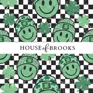 May include: Green and black checkered background with green smiley faces wearing hats with shamrocks. The text "HOUSE of BROOKS" is in the center of the image.