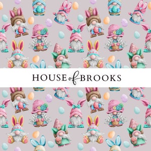 May include: A seamless pattern featuring gnomes wearing bunny ears and holding Easter eggs. The gnomes are wearing pink, blue, and green hats and have white beards. The background is a light purple color. The text "HOUSE of BROOKS" is displayed in a banner across the middle of the pattern.