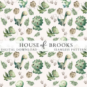 May include: A seamless pattern featuring green dinosaurs, dragons, and leaves on a white background. The pattern includes a variety of dinosaurs, including a triceratops, a stegosaurus, and a brachiosaurus. The pattern is perfect for use in a variety of projects, such as fabric, wallpaper, and wrapping paper.