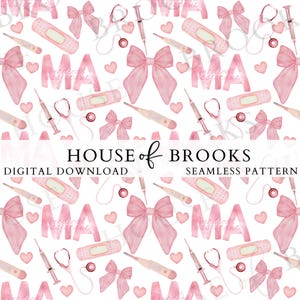 May include: A seamless pattern featuring pink bows, hearts, bandages, thermometers, syringes, and stethoscopes. The text "Medical Assistant" is repeated throughout the pattern.
