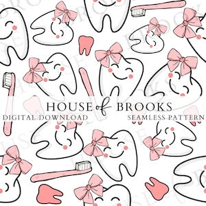 Coquette Dental Png, Design a sublimazione per assistente igienista dentale, Motivo senza cuciture per denti da dentista, Carta digitale, Design artistico su tessuto