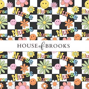 May include: A black and white checkered background with the word "Nurse" repeated in a colorful, retro font. The background is decorated with smiling faces and daisy flowers in various colors.