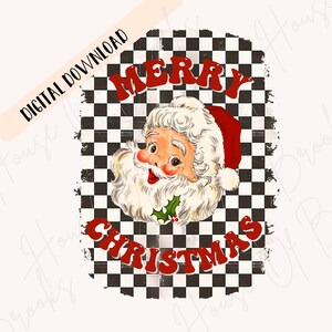 Pode incluir: Um gr&aacute;fico de Natal de estilo vintage com um fundo xadrez vermelho e branco. O texto "Merry Christmas" est&aacute; em letras vermelhas com contorno branco. Um Papai Noel de desenho animado com barba branca e chap&eacute;u vermelho est&aacute; no centro do gr&aacute;fico.