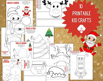 Puede incluir: Diez manualidades navideñas imprimibles para niños. Las manualidades incluyen un Papá Noel, un muñeco de nieve, un gnomo, un reno, un árbol de Navidad y un gorro de elfo. Las manualidades son en blanco y negro y los niños pueden colorearlas.