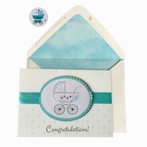 Carte de vœux de fête de bébé poussette bleue, pour garçon, nouveau bébé, carte de nouveau parent, faite à la main