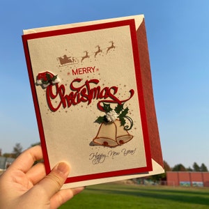 Carte de joyeux Noël Jingle Bells, carte de bonne année, c'est la saison, carte de Noël faite main de luxe, traîneau de rennes, Noël blanc