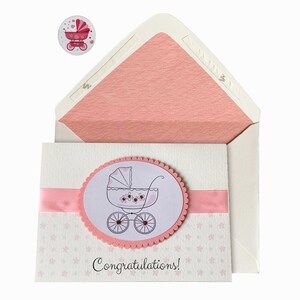 Poussette rose Baby Shower Carte de vœux, Pour fille, Nouveau bébé, Carte des nouveaux parents, Fait à la main