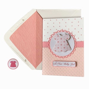 Carte de vœux de douche de bébé robe rose, pour fille, nouveau bébé, carte de nouveau parent, faite à la main