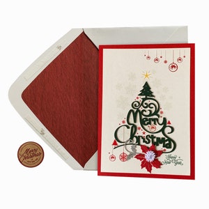 Carte de joyeux Noël de vigne élégante, carte de bonne année, c’est la saison, cartes de vœux de joyeuses fêtes, arbre de Noël blanc, feuille rouge