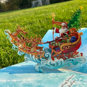Personnalisation : Père Noël en traîneau escamotable, carte pop-up 3D, carte de Noël 3D, cartes d'enfants