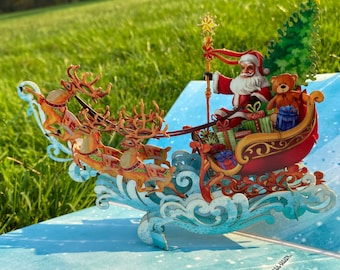 Personalized: Pop up Santa Claus Sleigh, 3D Pop Up Card, 3D Christmas Card, Kids Children Cards