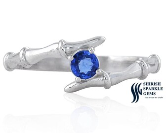 Natural Blue Sapphire ring with natural diamond for gift, Round Blue Sapphire 14k gold ring,