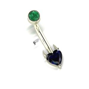 14k Solid White Gold Emerald and Blue Sapphire Heart  Belly Button Ring, Luxury Navel Piercing Curved Barbell Shirish Sparkle