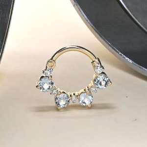 Piercing para cartílago de concha de aguamarina y diamante para tabique helicoidal, aro de aguamarina con diamante para tabique helicoidal, gema de diamante para tabique helicoidal, piercing para tabique helicoidal