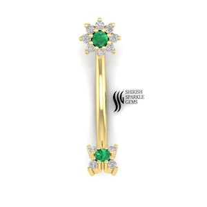 Emerald Sapphire Eyebrow Piercing Barbell – 14k Gold Belly Button, Ear Piercing Jewelry, Gold Ear jewelry,18k White Gold Body Jewelry