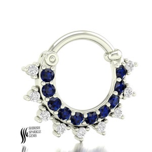 DIAMOND SEPTUM JEWELRY, Gold diamond clicker, Gemstone septum, blue sapphire septum, Diamond septum piercing, septum ring gold, helix hoop