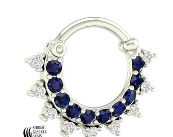 DIAMOND SEPTUM JEWELRY, Gold diamond clicker, Gemstone septum, blue sapphire septum, Diamond septum piercing, septum ring gold, helix hoop