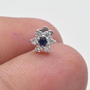 Blue Sapphire Diamond Flower Nose Pin | 18k Gold Piercing Jewelry