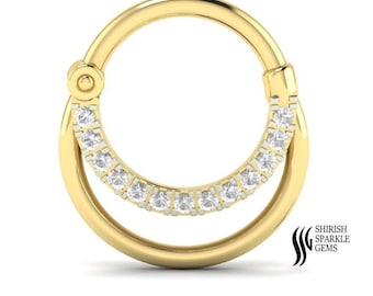 14K Gold Diamond Septum Hoop, Dainty Clicker Nose Ring with Natural Diamonds, Sparkling Cartilage Helix and Septum Piercing Jewelry