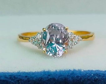 Natural Pink Sapphire Engagement Ring, Diamond Accent, 14K Solid Gold