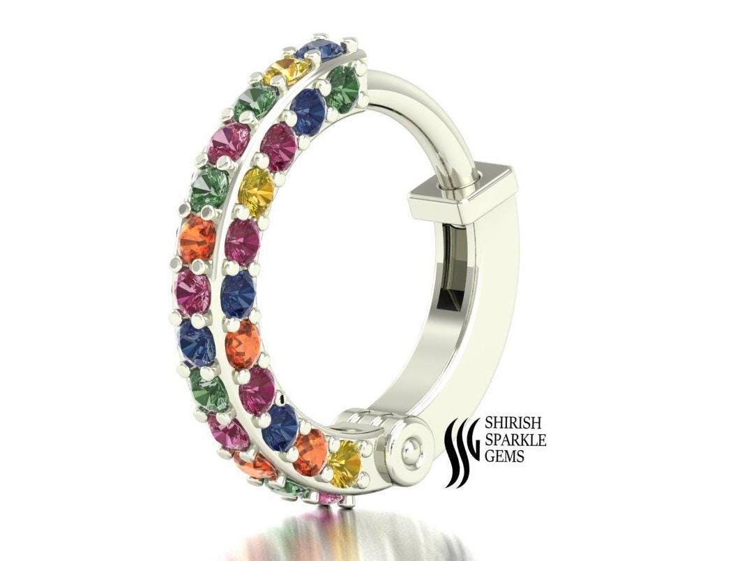 Rainbow sapphire nose ring helix conch hoop sapphire cartilage gemstone nose ring sapphire ear piercing hoop clicker gold labret hoop huggie