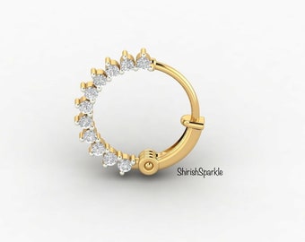 Anillo de nariz de diamante natural / Aro de oro macizo de 14 quilates para la fosa nasal derecha, 8 mm, con cierre de clic