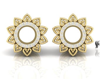 14k Solid Gold Diamond Ear Gauges (6mm / 2 Gauge) Tunnel Plug Earrings