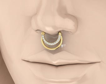 14K Gold Diamond Septum Hoop, Dainty Clicker Nose Ring with Natural Diamonds, Sparkling Cartilage Helix and Septum Piercing Jewelry