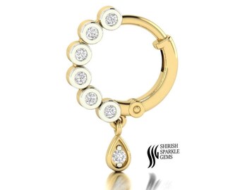 Aro nasal de oro macizo con diamante natural / Aro nasal de diamante / Aro nasal de diamante con cierre de clic / Piercing nasal tipo huggie de diamante / Aro nasal para el lado derecho